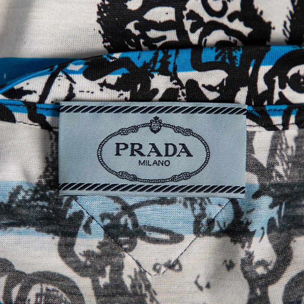 Prada Blue & White Striped Cotton Printed Short Sleeve Dress M For Sale 8