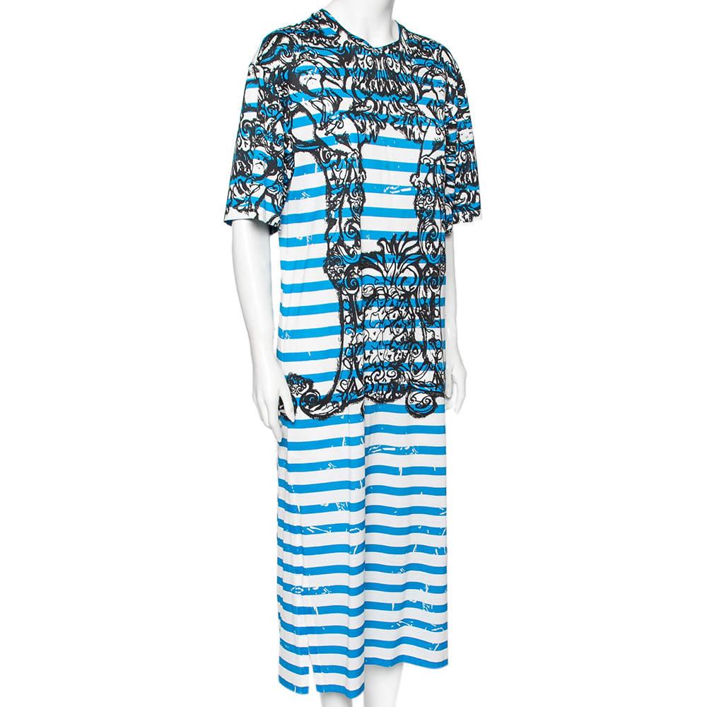 Prada Blue & White Striped Cotton Printed Short Sleeve Dress M In Fair Condition For Sale In Dubai, Al Qouz 2