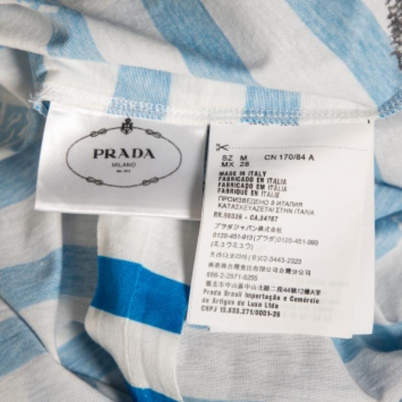 Prada Blue & White Striped Cotton Printed Short Sleeve Dress M For Sale 1