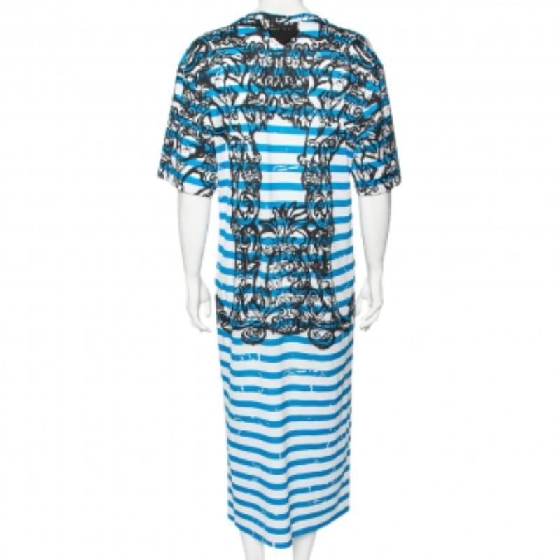 Prada Blue & White Striped Cotton Printed Short Sleeve Dress M For Sale 3