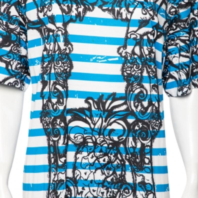 Prada Blue & White Striped Cotton Printed Short Sleeve Dress M For Sale 5