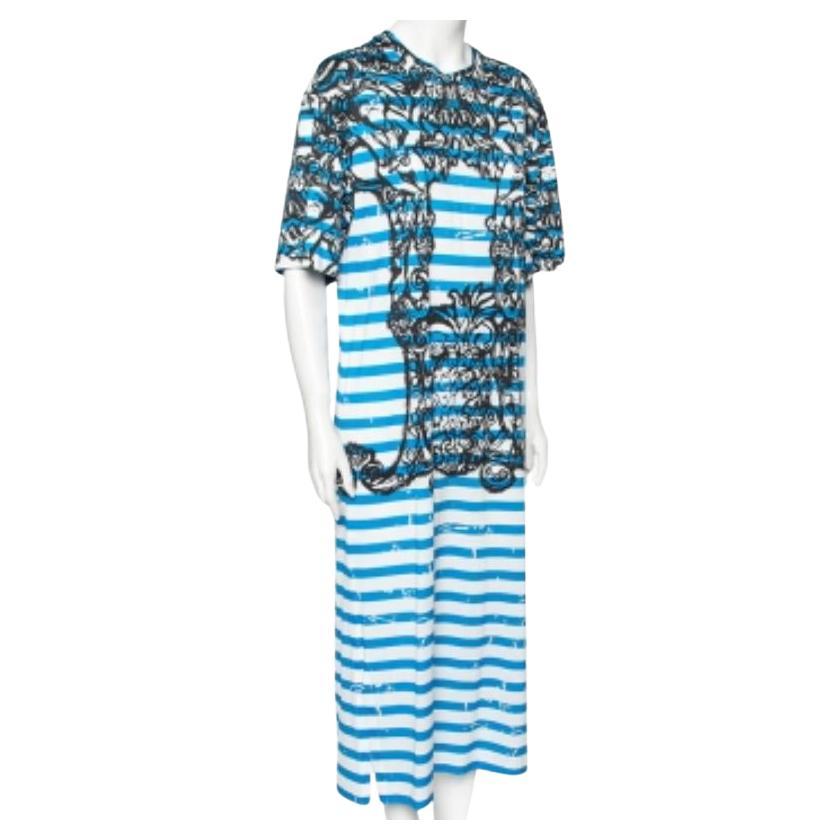 Prada Blue & White Striped Cotton Printed Short Sleeve Dress M For Sale