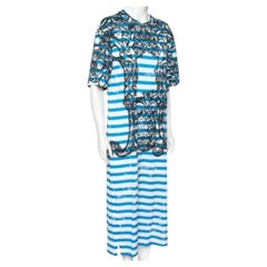 Prada Blue & White Striped Cotton Printed Short Sleeve Dress M