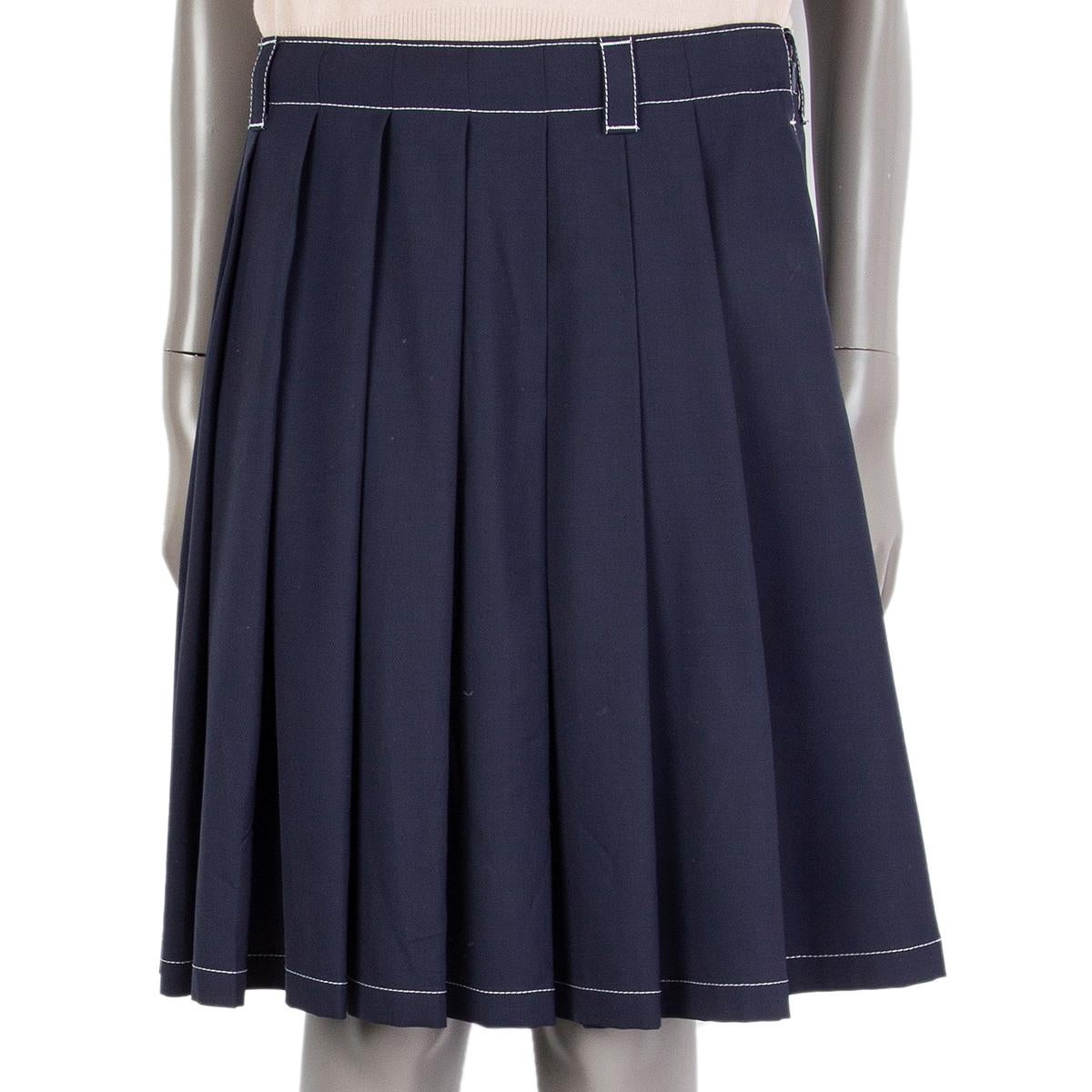 Black PRADA blue wool WHITE STITCHING PLEATED Skirt 40 S