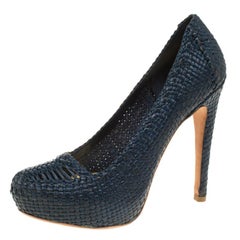 Prada Blue Woven Leather Madras Platform Pumps Size 38