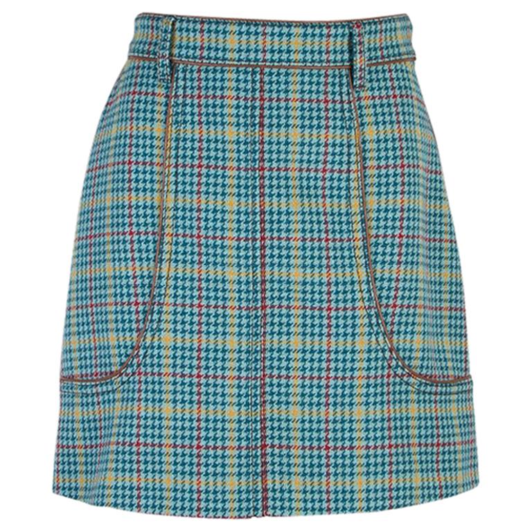 PRADA blue yellow red wool blend HOUNDSTOOTH Skirt 42 M