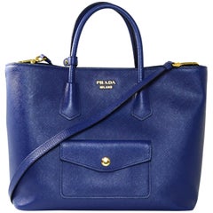 Prada Bluette Blue Saffiano Front Pocket Tote Bag w/ Detachable Strap