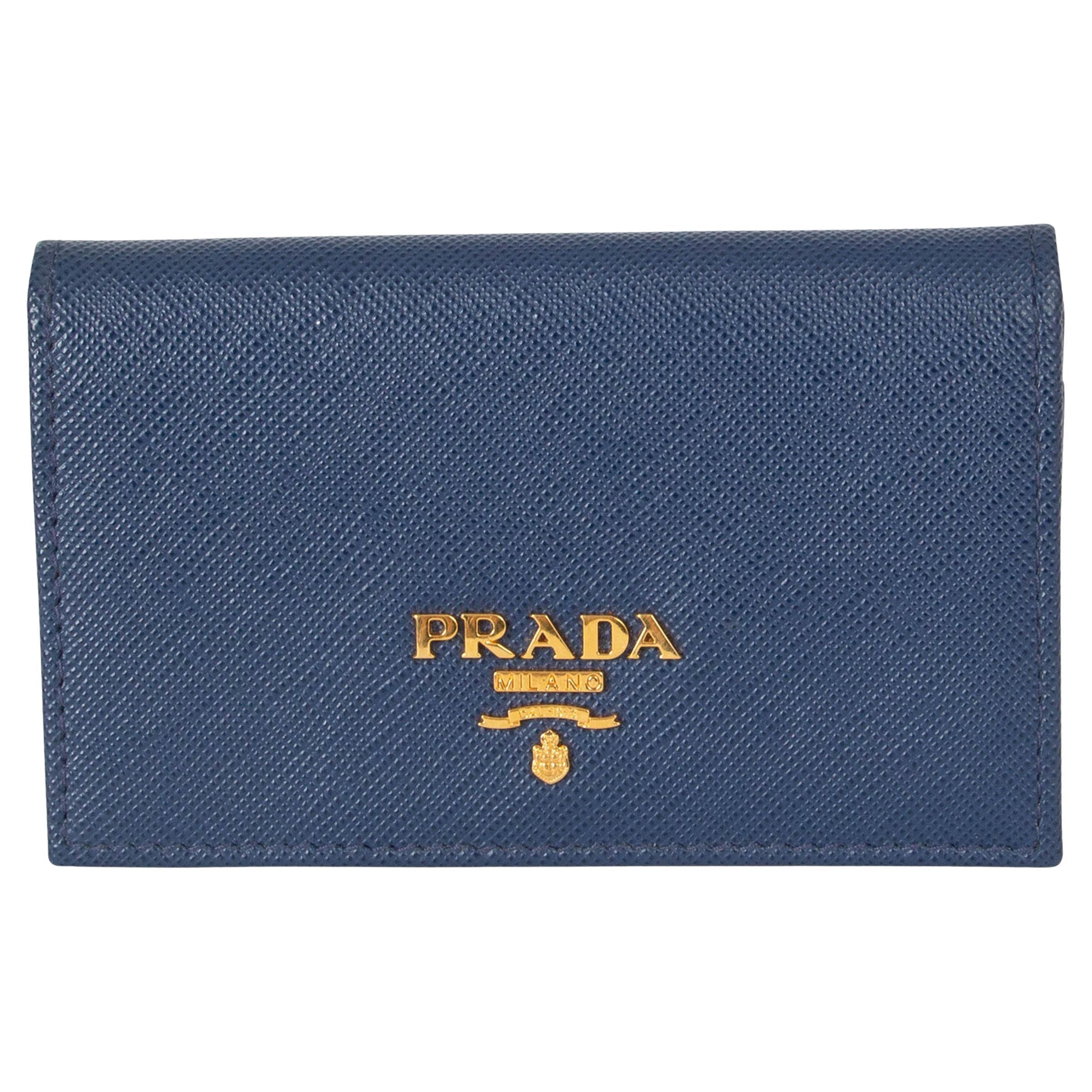 PRADA Bluette blue Saffiano leather LOGO CARD HOLDER Wallet