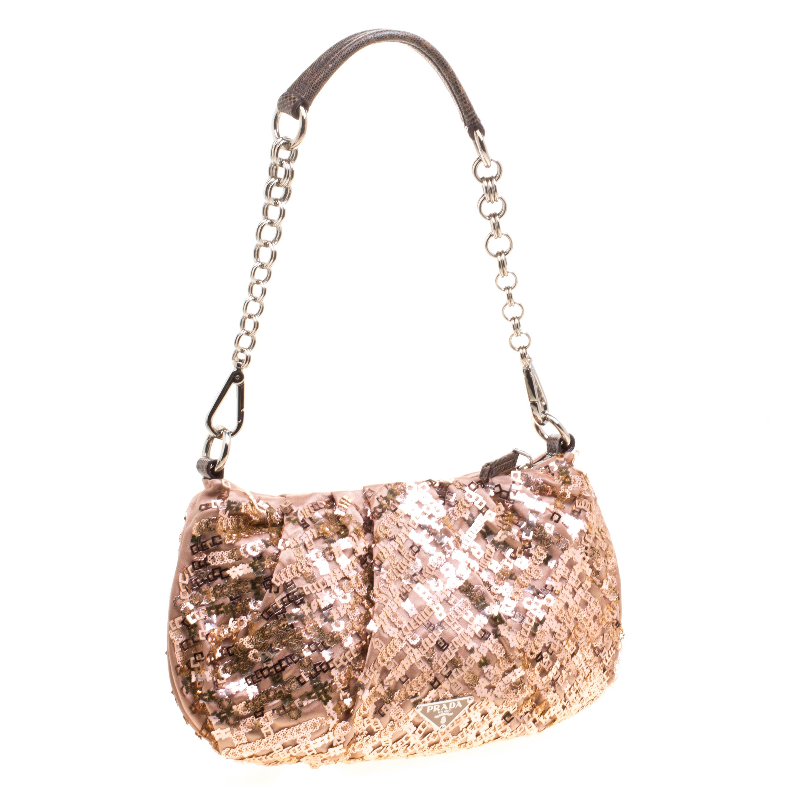 Prada Blush Pink/Bronze Satin Sequin Embellished Shoulder Bag In Good Condition In Dubai, Al Qouz 2