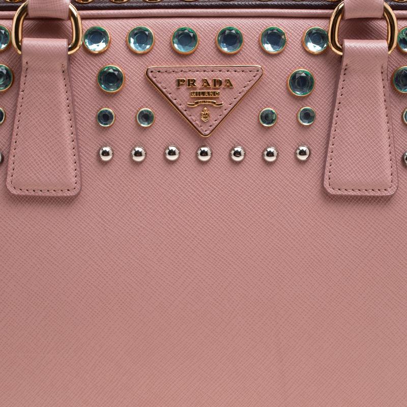 Prada Blush Pink/Burgundy Saffiano Lux Leather Pyramid Frame Top Handle Bag 4