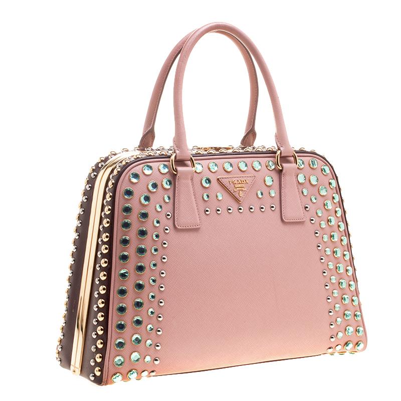 Brown Prada Blush Pink/Burgundy Saffiano Lux Leather Pyramid Frame Top Handle Bag