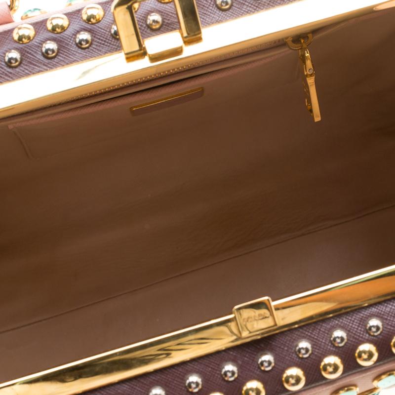 Prada Blush Pink/Burgundy Saffiano Lux Leather Pyramid Frame Top Handle Bag In Good Condition In Dubai, Al Qouz 2