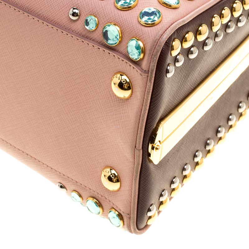 Women's Prada Blush Pink/Burgundy Saffiano Lux Leather Pyramid Frame Top Handle Bag