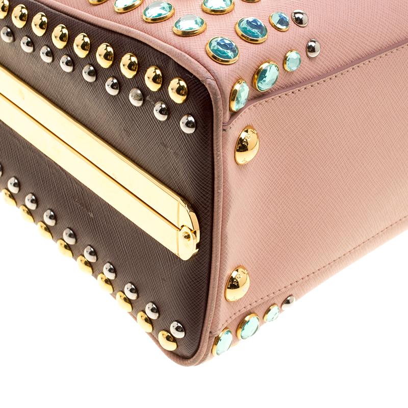Prada Blush Pink/Burgundy Saffiano Lux Leather Pyramid Frame Top Handle Bag 1