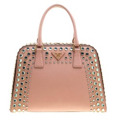 Prada Blush Pink/Burgundy Saffiano Lux Leather Pyramid Frame Top Handle Bag