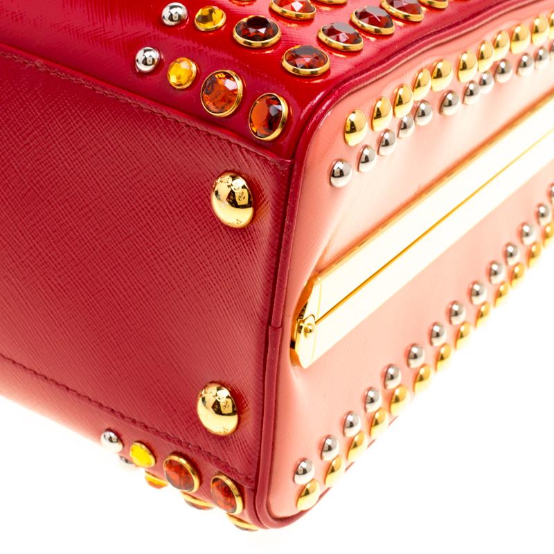 Prada Blush Pink/Red Patent Leather Pyramid Frame Top Handle Bag 6