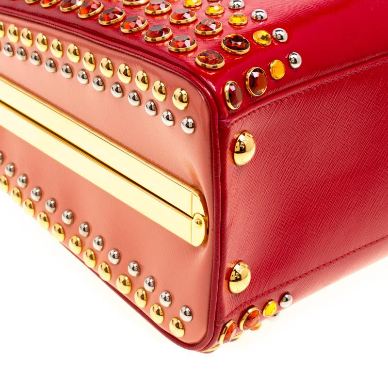 Prada Blush Pink/Red Patent Leather Pyramid Frame Top Handle Bag 7