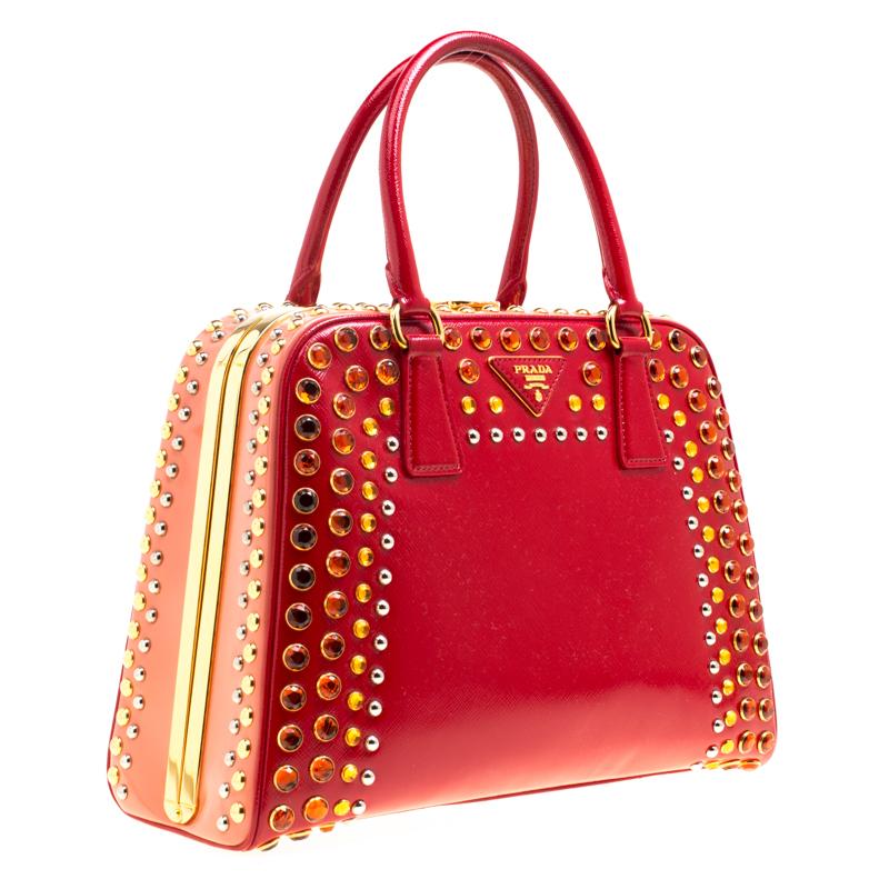Women's Prada Blush Pink/Red Patent Leather Pyramid Frame Top Handle Bag