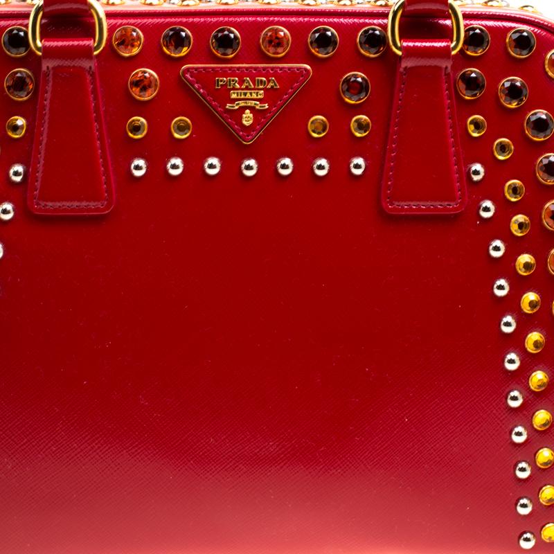 Prada Blush Pink/Red Patent Leather Pyramid Frame Top Handle Bag 1