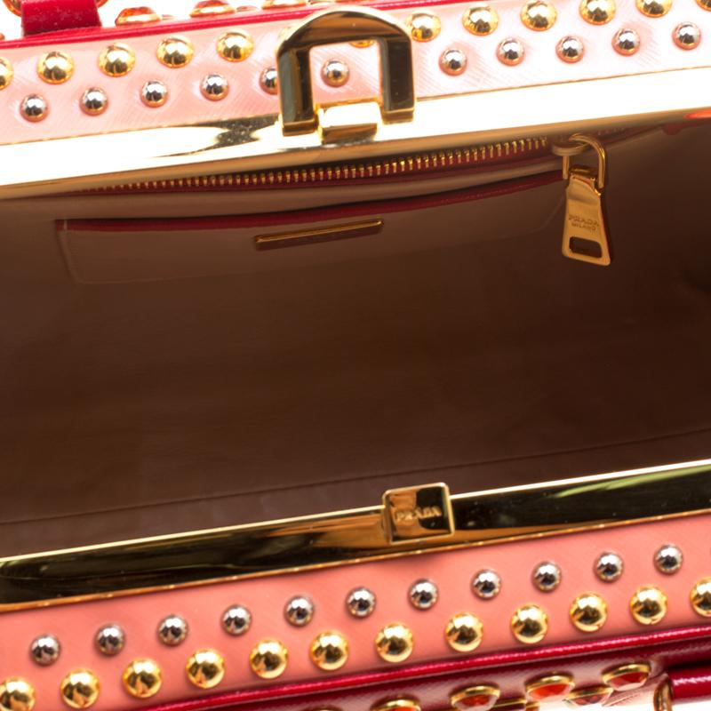 Prada Blush Pink/Red Patent Leather Pyramid Frame Top Handle Bag 3