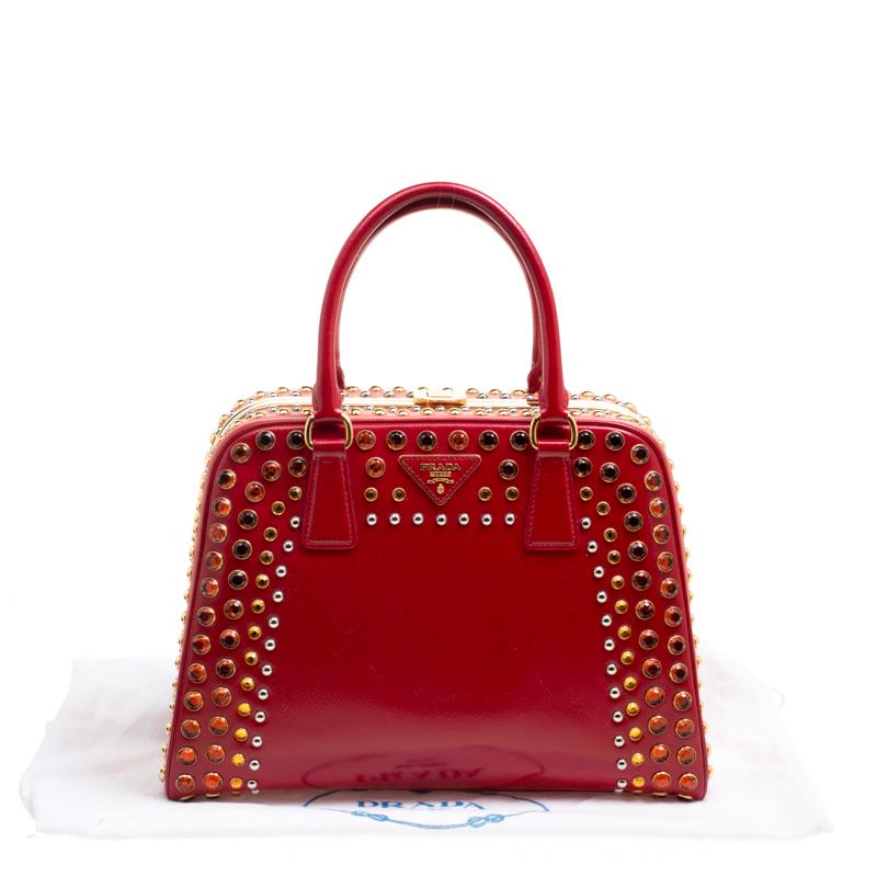 Prada Blush Pink/Red Patent Leather Pyramid Frame Top Handle Bag 4