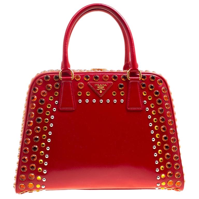 Prada Blush Pink/Red Patent Leather Pyramid Frame Top Handle Bag