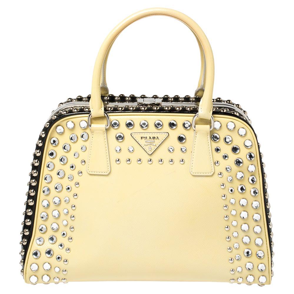 Prada Blush Yellow/Black Saffiano Patent Leather Pyramid Frame Satchel