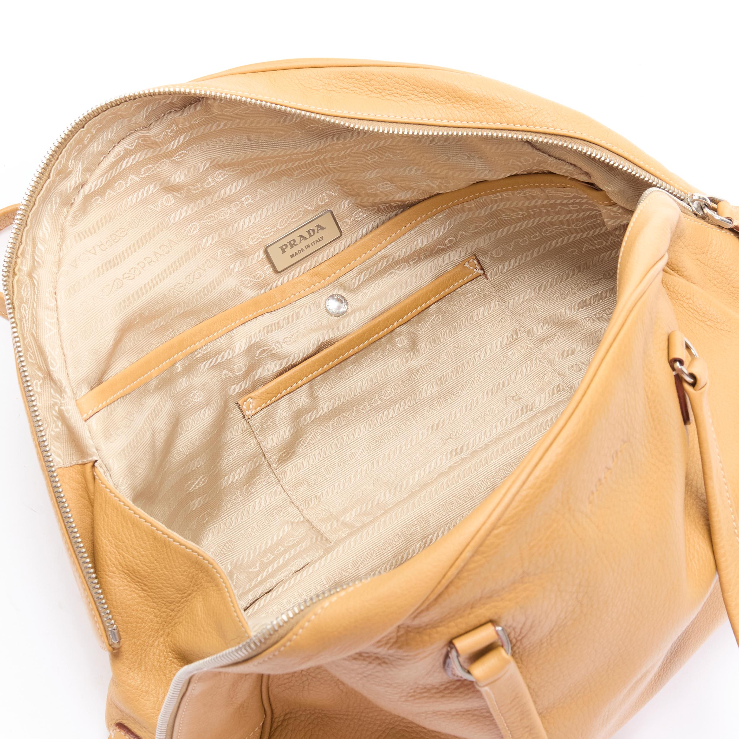 Prada BN1011 tan grained leather logo emboss curved zip bowling bag 4