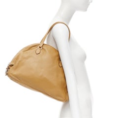 Prada BN1011 tan grained leather logo emboss curved zip bowling bag
