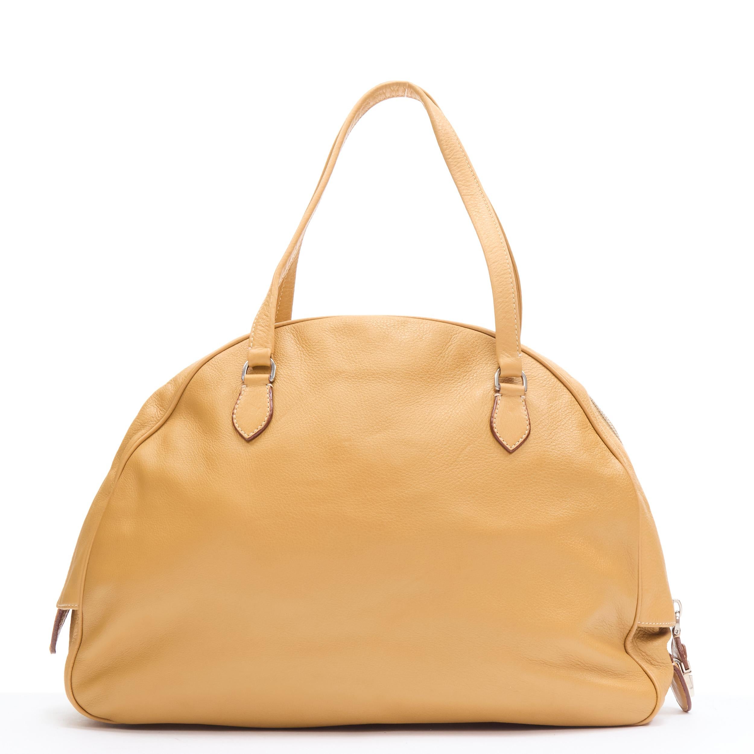 Orange Prada BN1011 tan grained leather logo emboss curved zip bowling bag