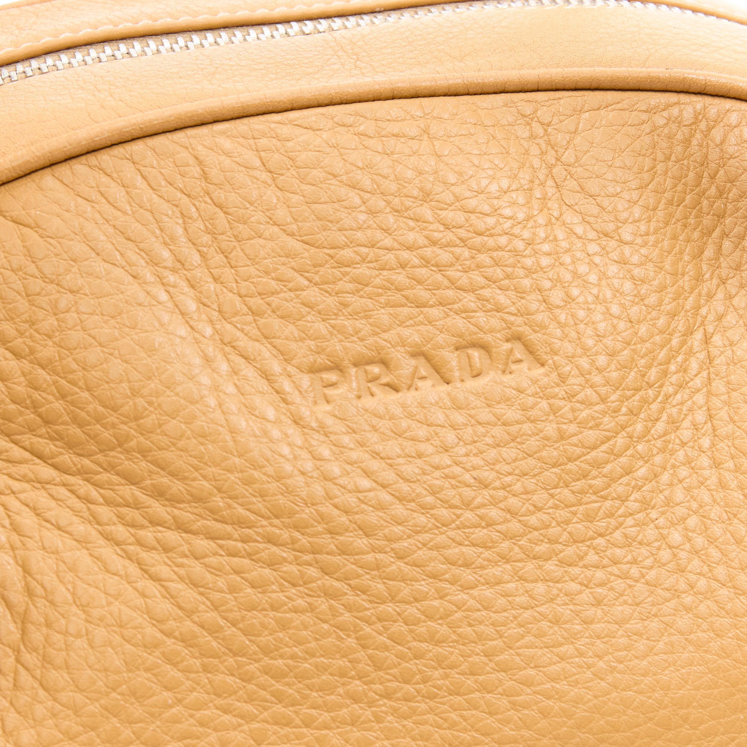 Women's Prada BN1011 tan grained leather logo emboss curved zip bowling bag