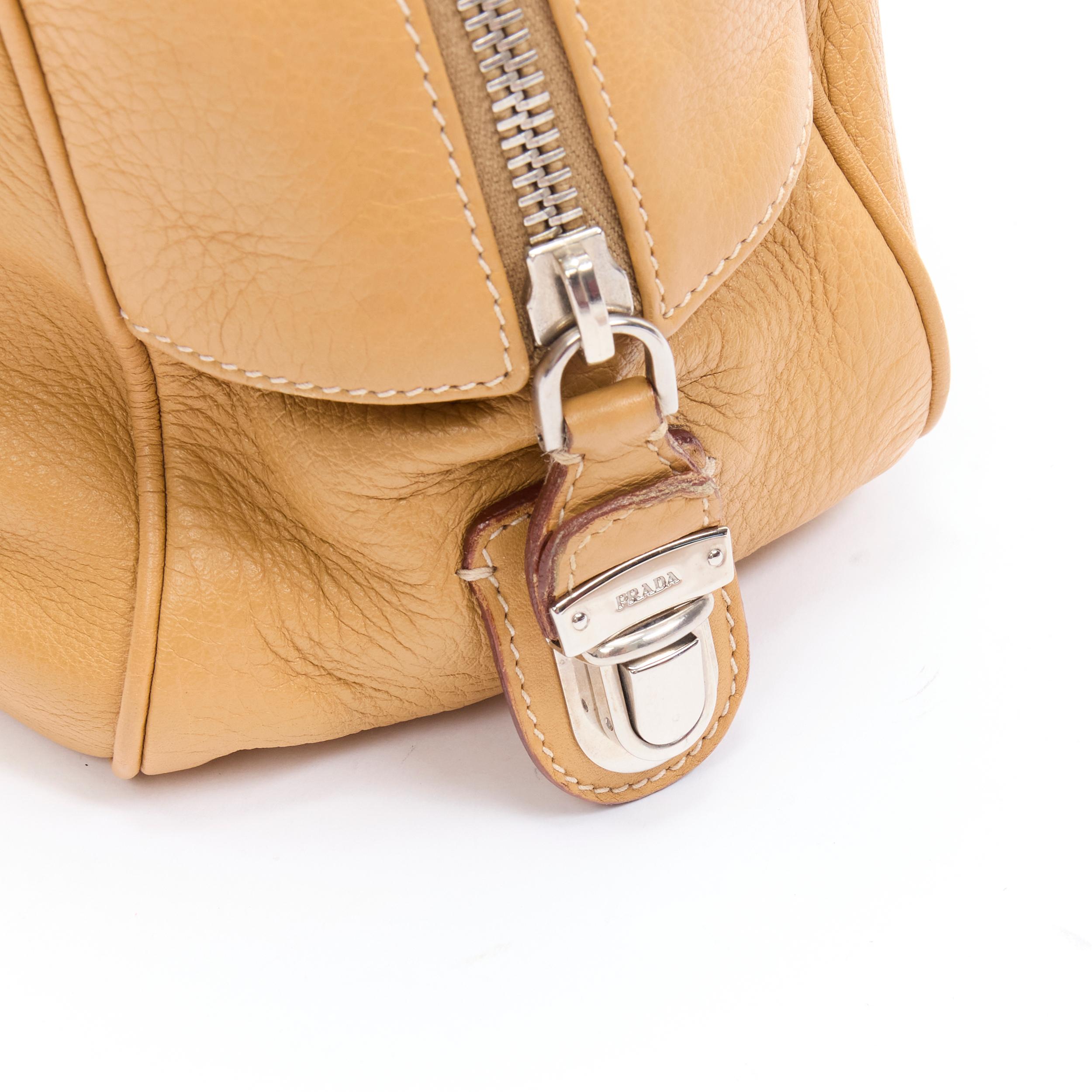 Prada BN1011 tan grained leather logo emboss curved zip bowling bag 1