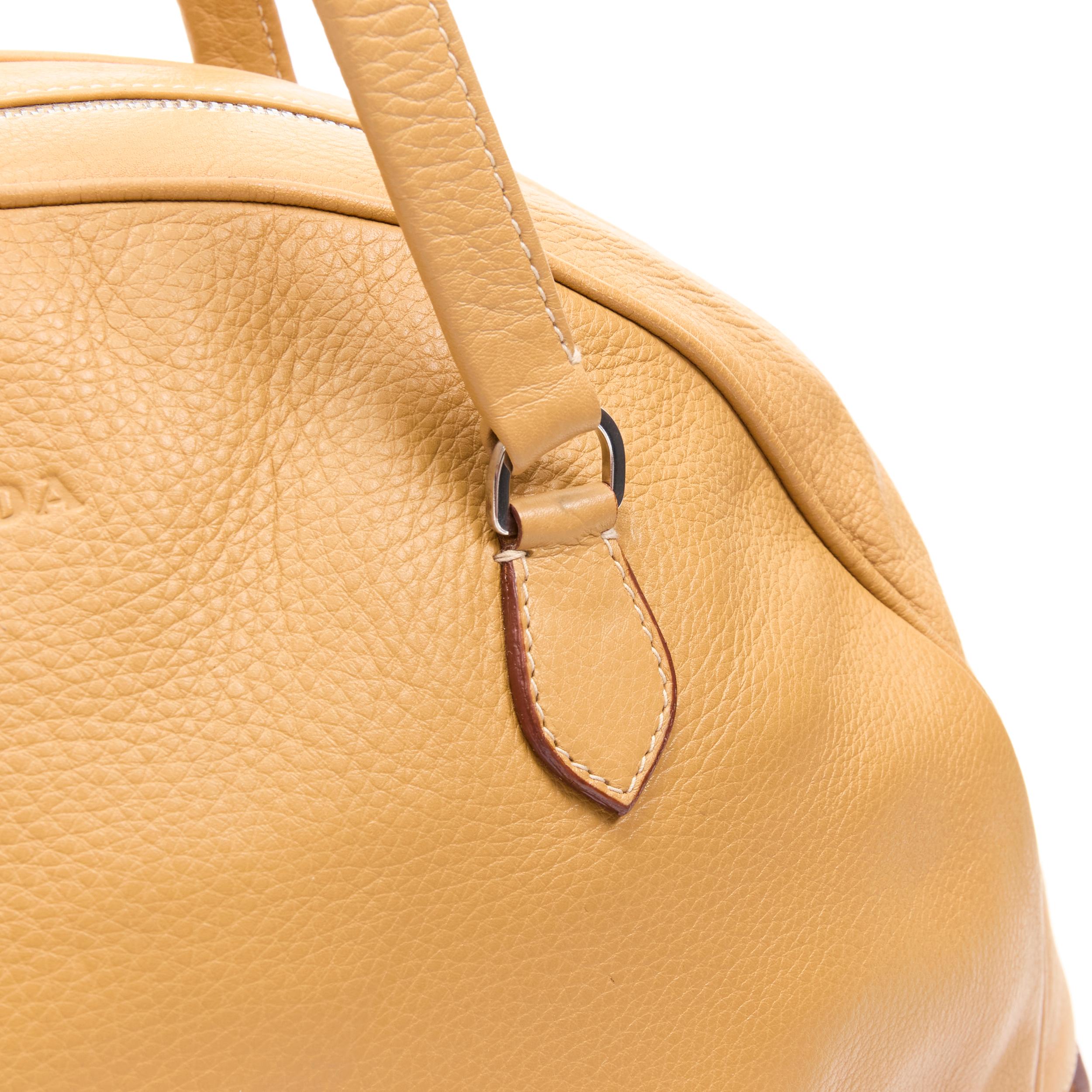Prada BN1011 tan grained leather logo emboss curved zip bowling bag 2
