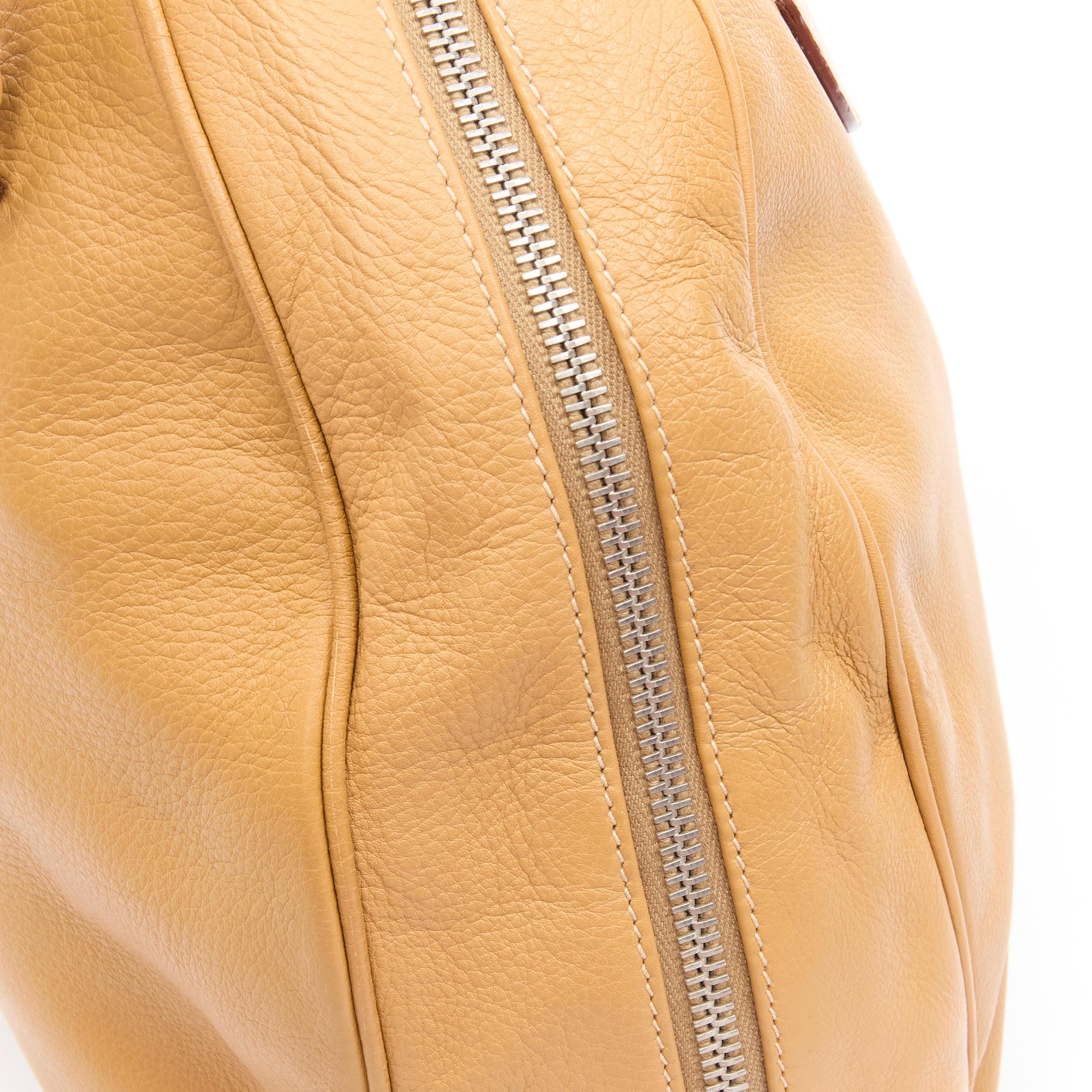Prada BN1011 tan grained leather logo emboss curved zip bowling bag 3
