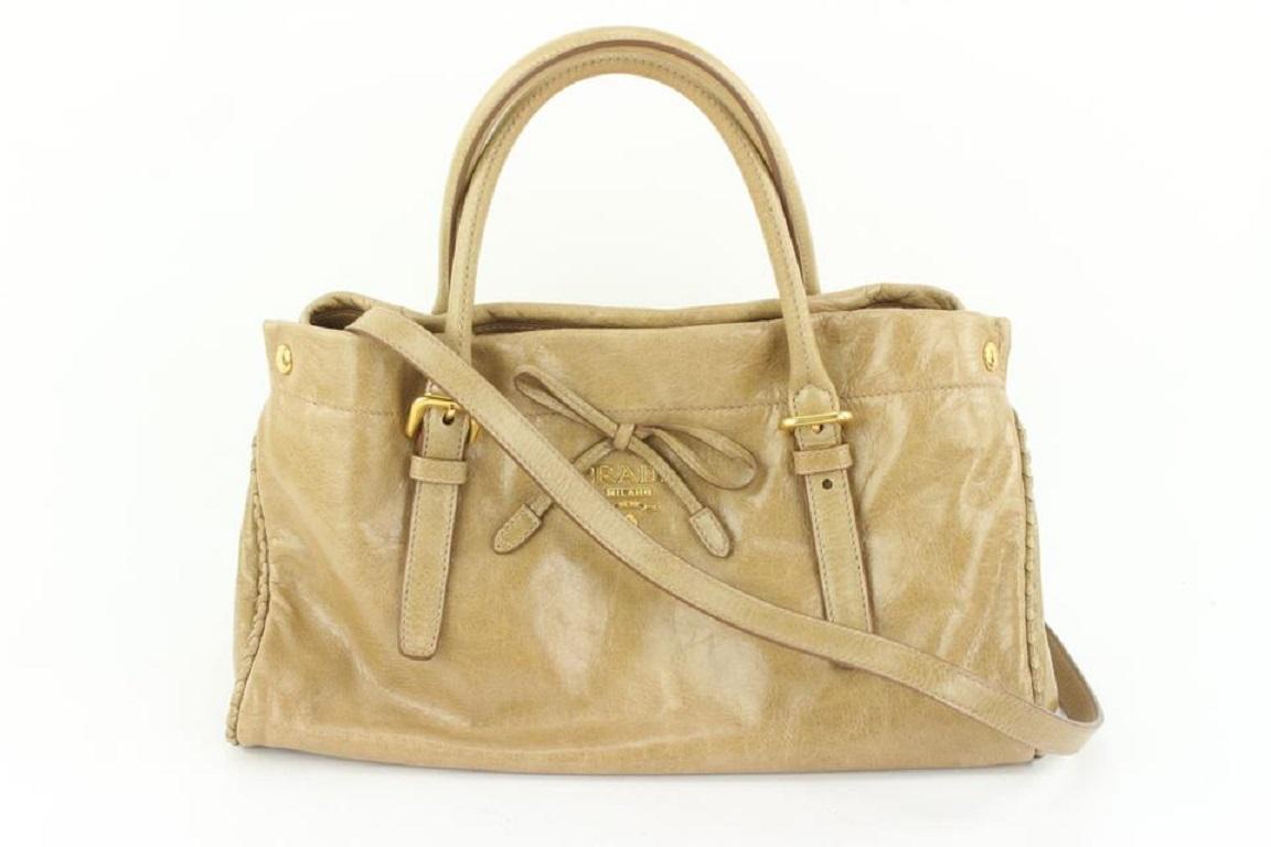 Prada BN1866 Beige Vitello Shine Leather Bow Shopping Bag with Strap 459pr6 For Sale 4