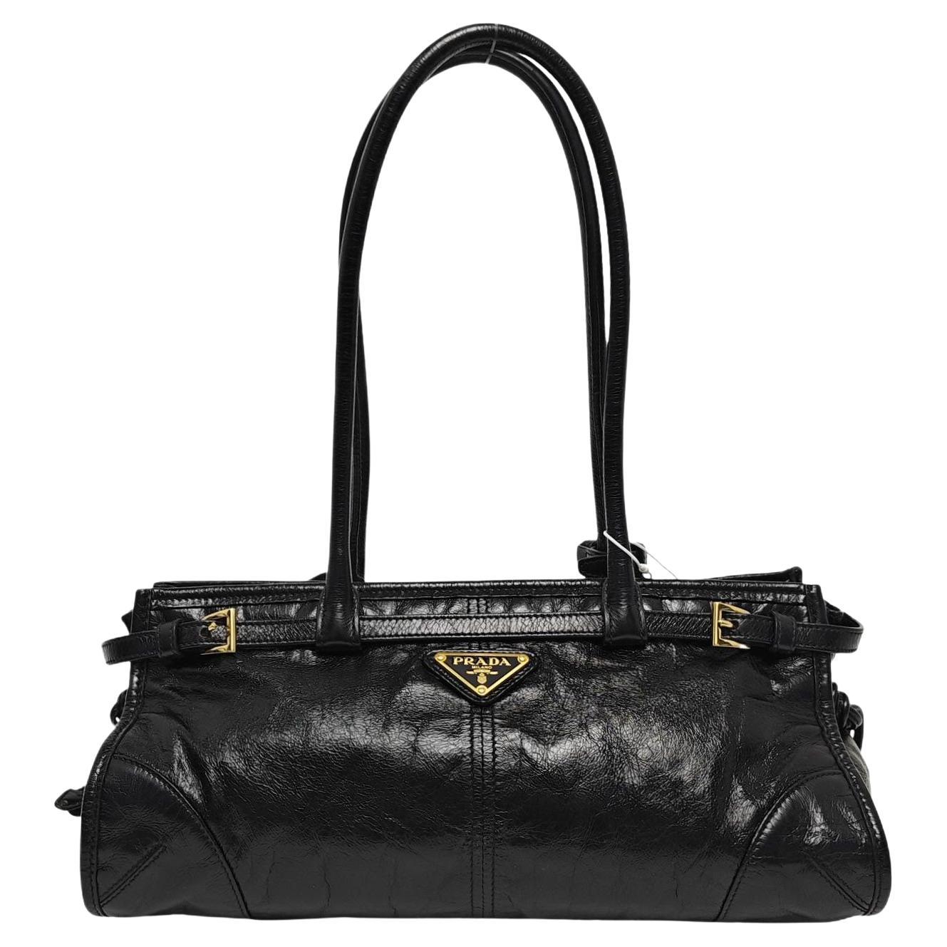 Prada Bonnie Medium Soft Lux Black Shiny Calfskin Leather Shoulder Bag