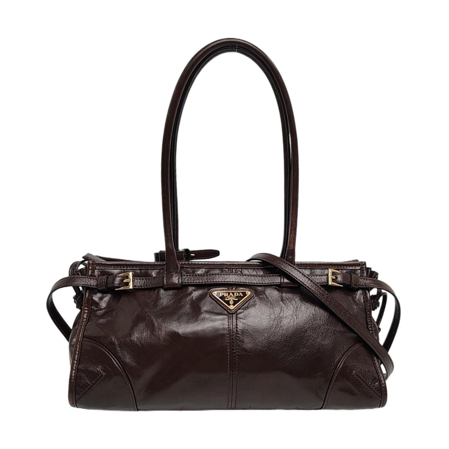 Prada Bonnie Medium Soft Lux Brown Shiny Calfskin Leather Shoulder