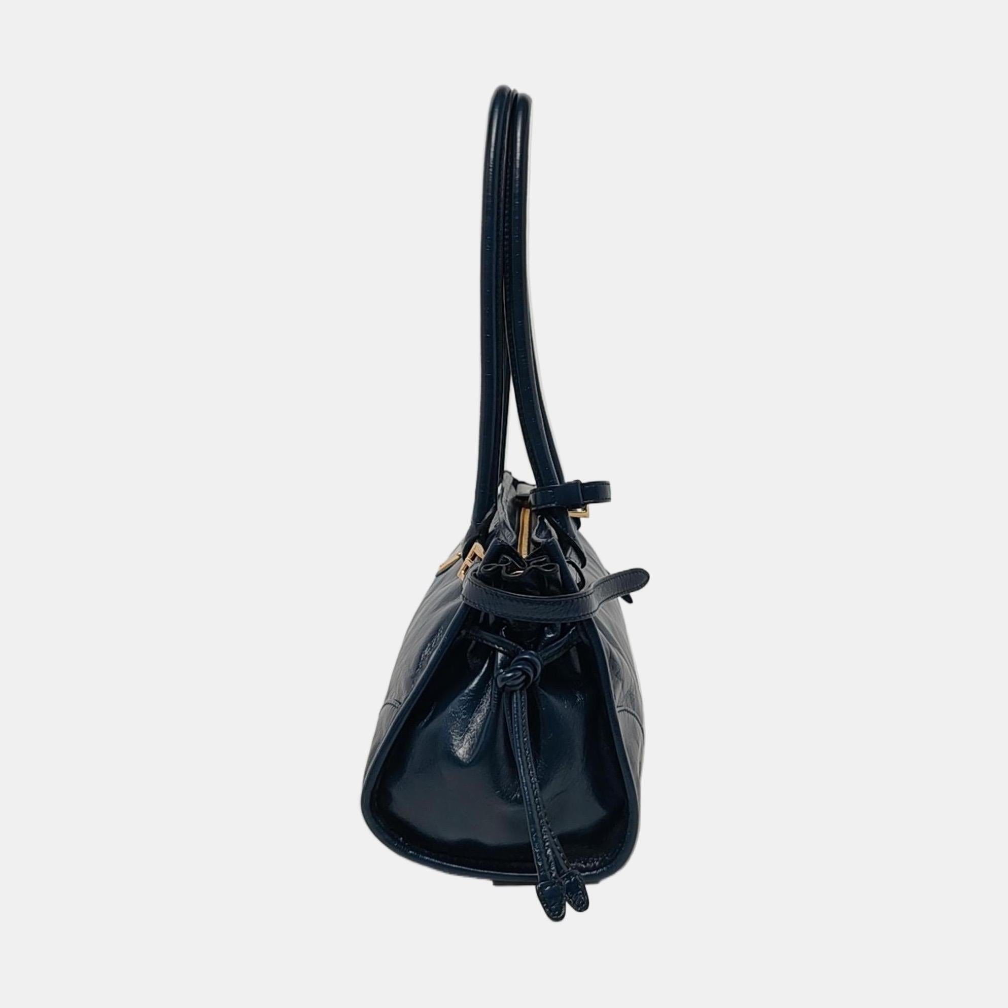 Black Prada Bonnie Medium Soft Lux Navy Shiny Calfskin Leather Shoulder Bag