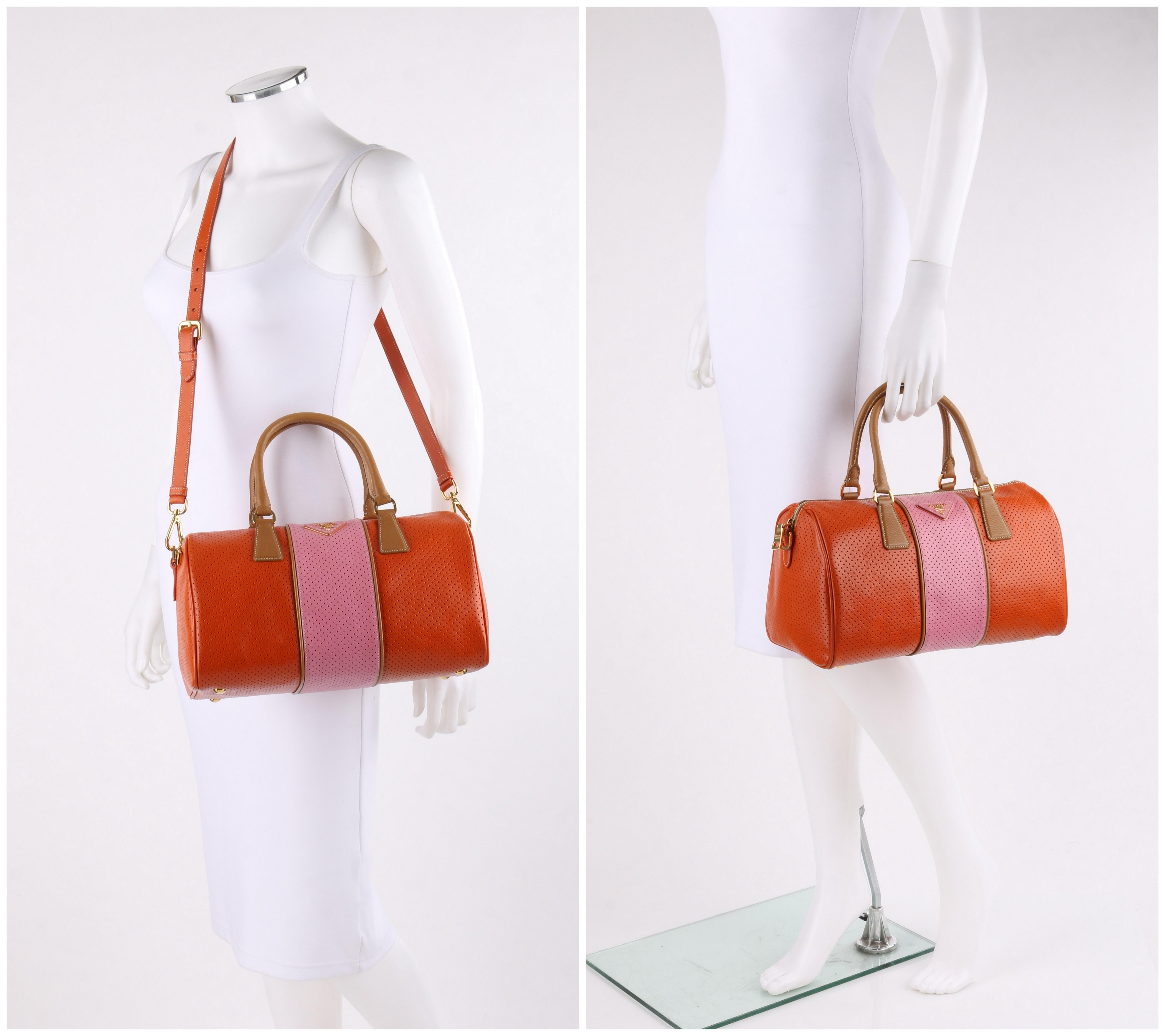 PRADA Boston Papaya Karamell Rosa Saffiano Fori Perforierte Umhängetasche (Pink)