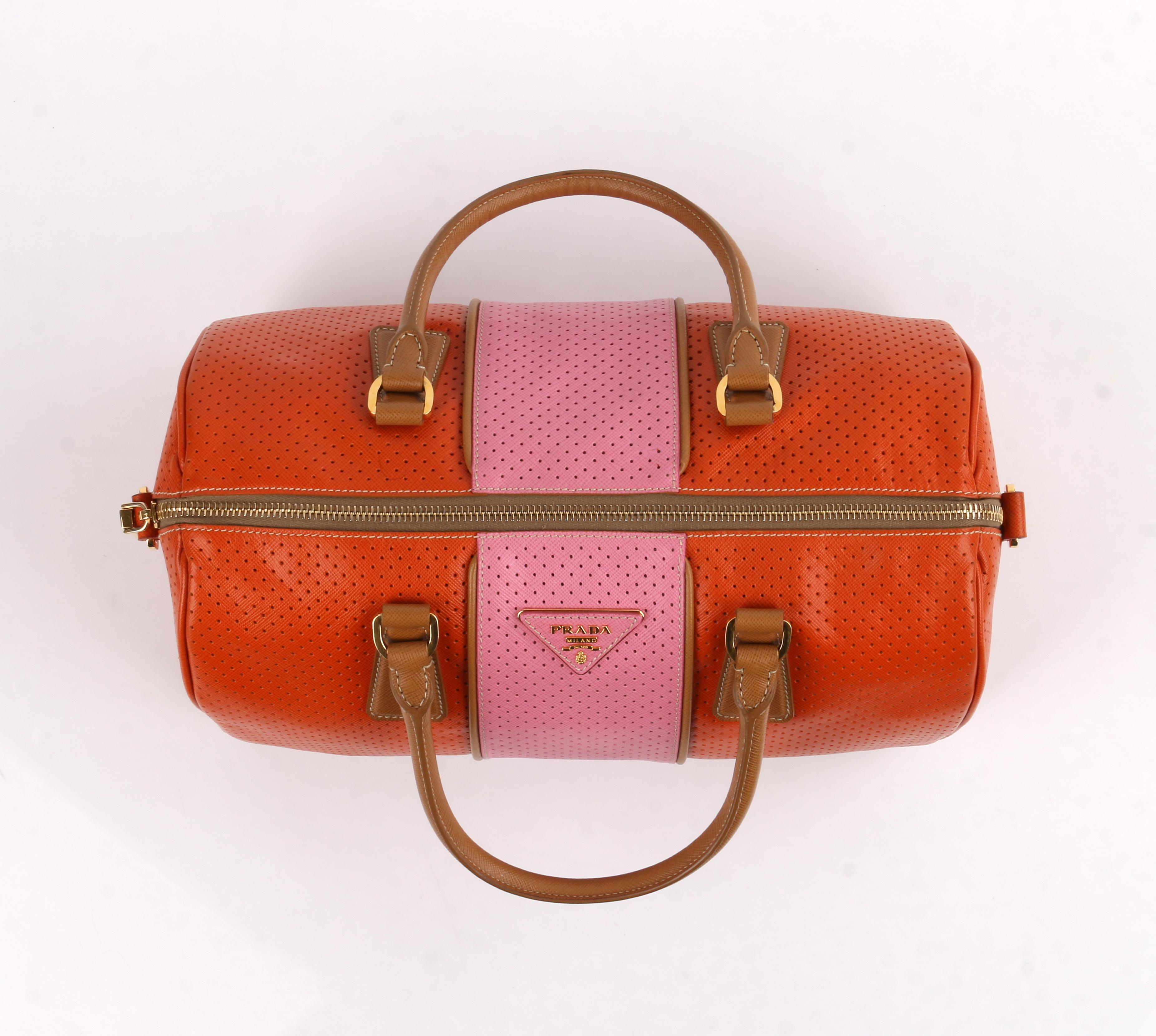 PRADA Boston Papaya Caramel Pink Saffiano Fori Perforated Satchel Shoulder Bag In Good Condition In Thiensville, WI