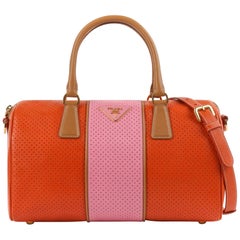 PRADA Boston Papaya Caramel Pink Saffiano Fori Perforated Satchel Shoulder Bag