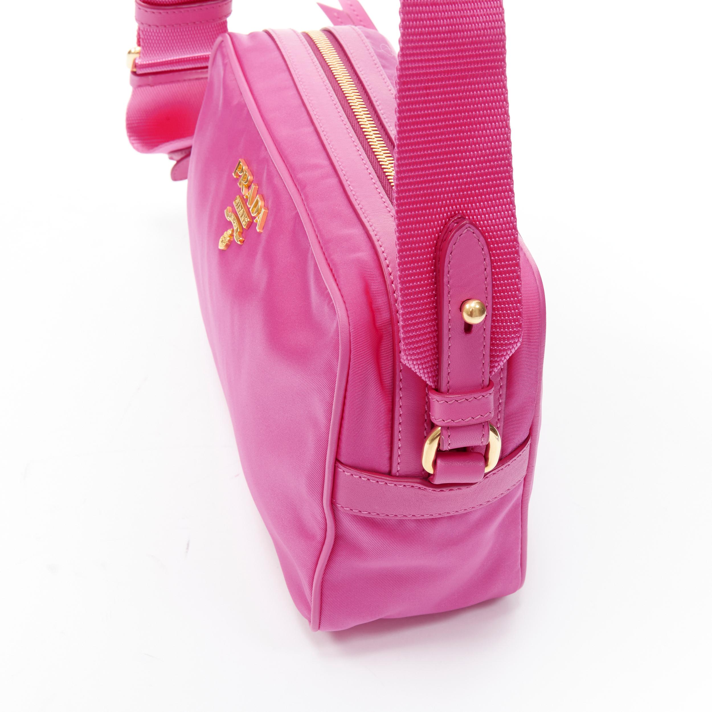 PRADA bright pink Tessuto nylon gold logo crossbody camera bag In Excellent Condition In Hong Kong, NT