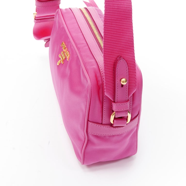 PRADA bright pink Tessuto nylon gold logo crossbody camera bag at