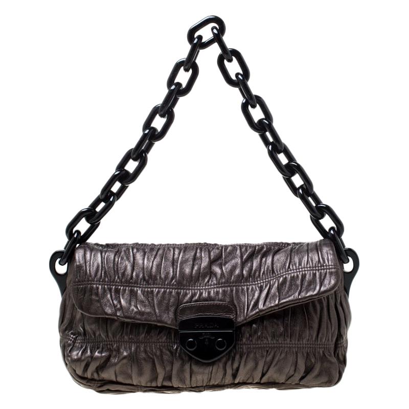Prada Bronze Leather Gaufre Chain Shoulder Bag For Sale at 1stDibs