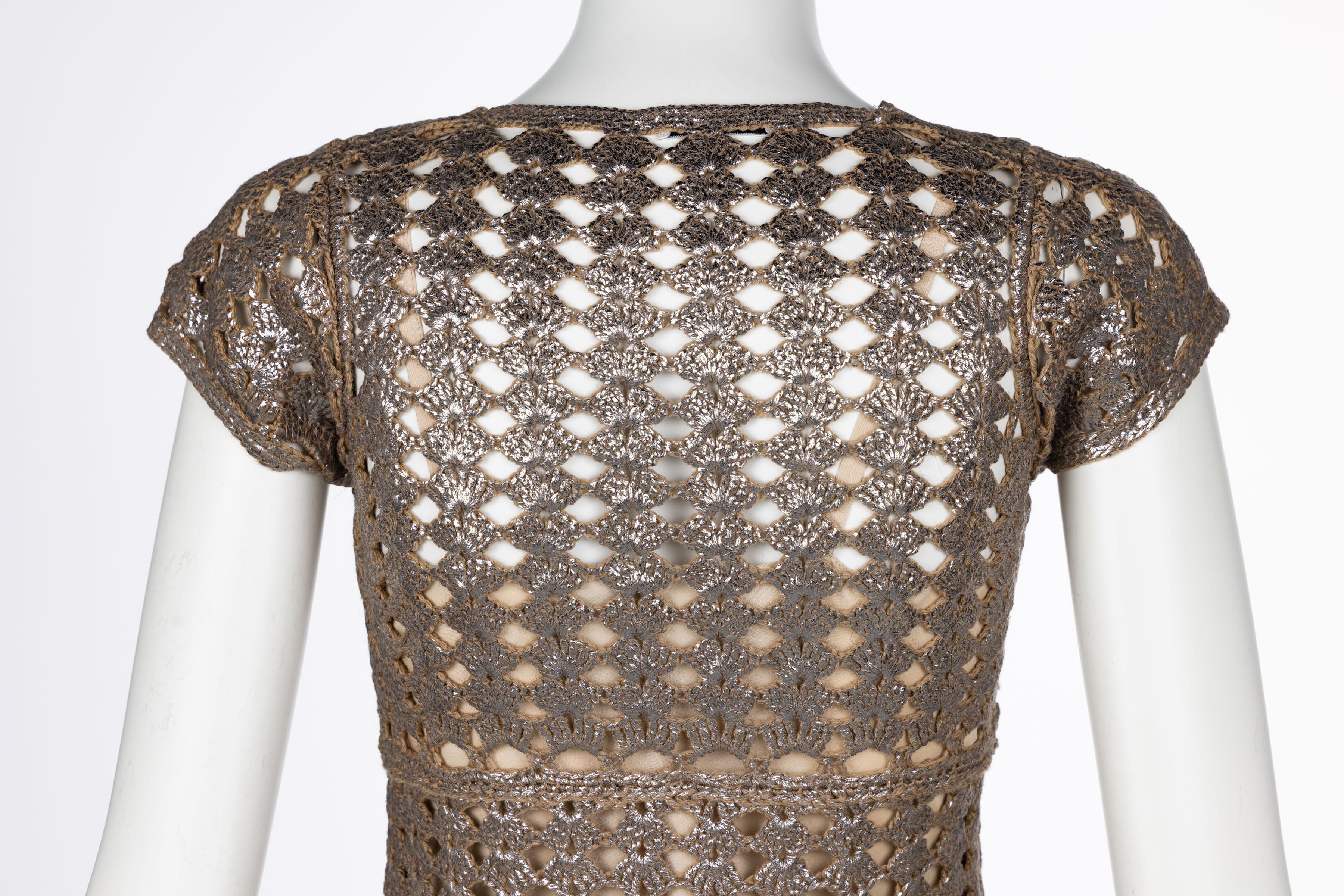Women's Prada Bronze Metallic Crochet Dress, 2000s For Sale