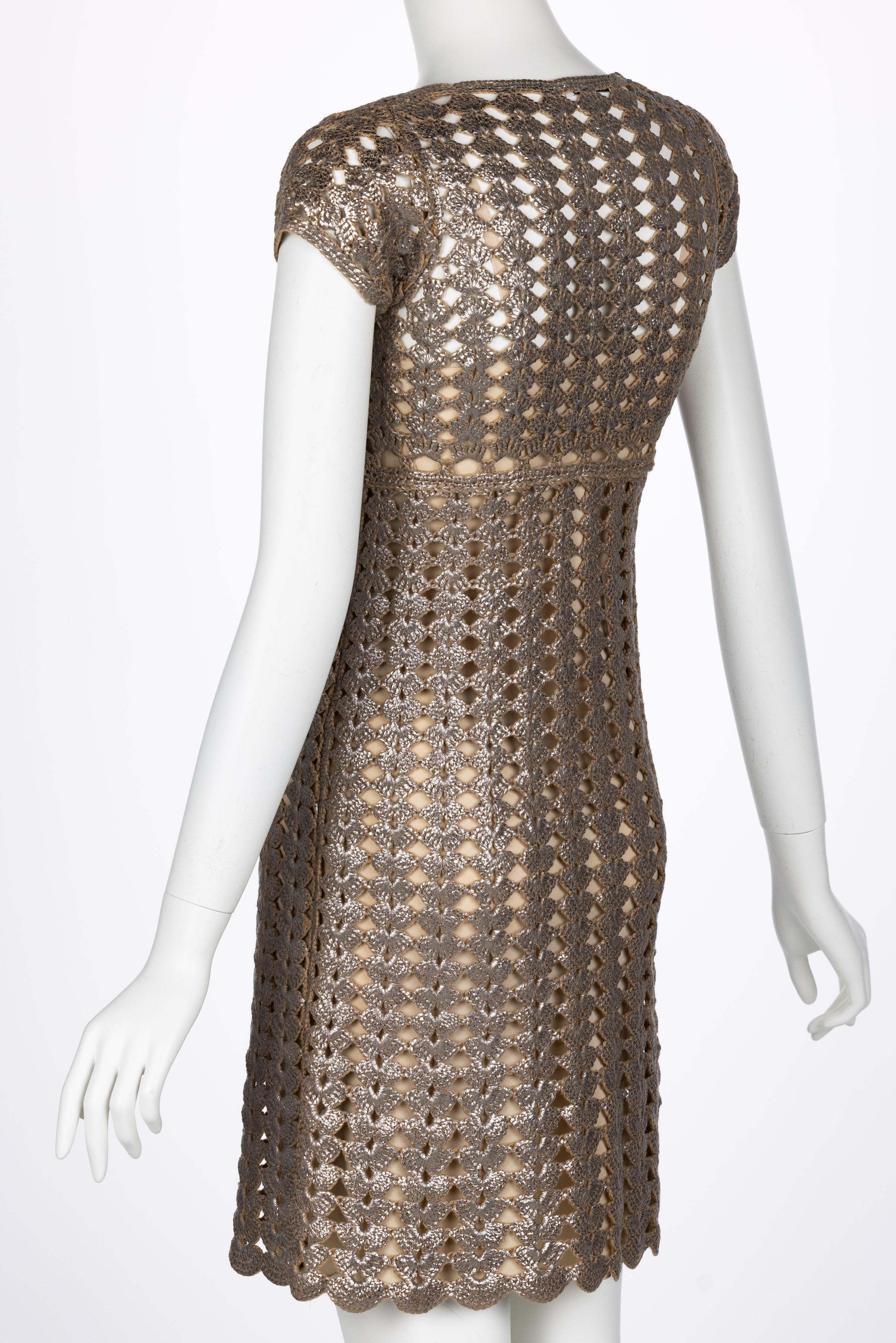 Prada Bronze Metallic Crochet Dress, 2000s For Sale 1