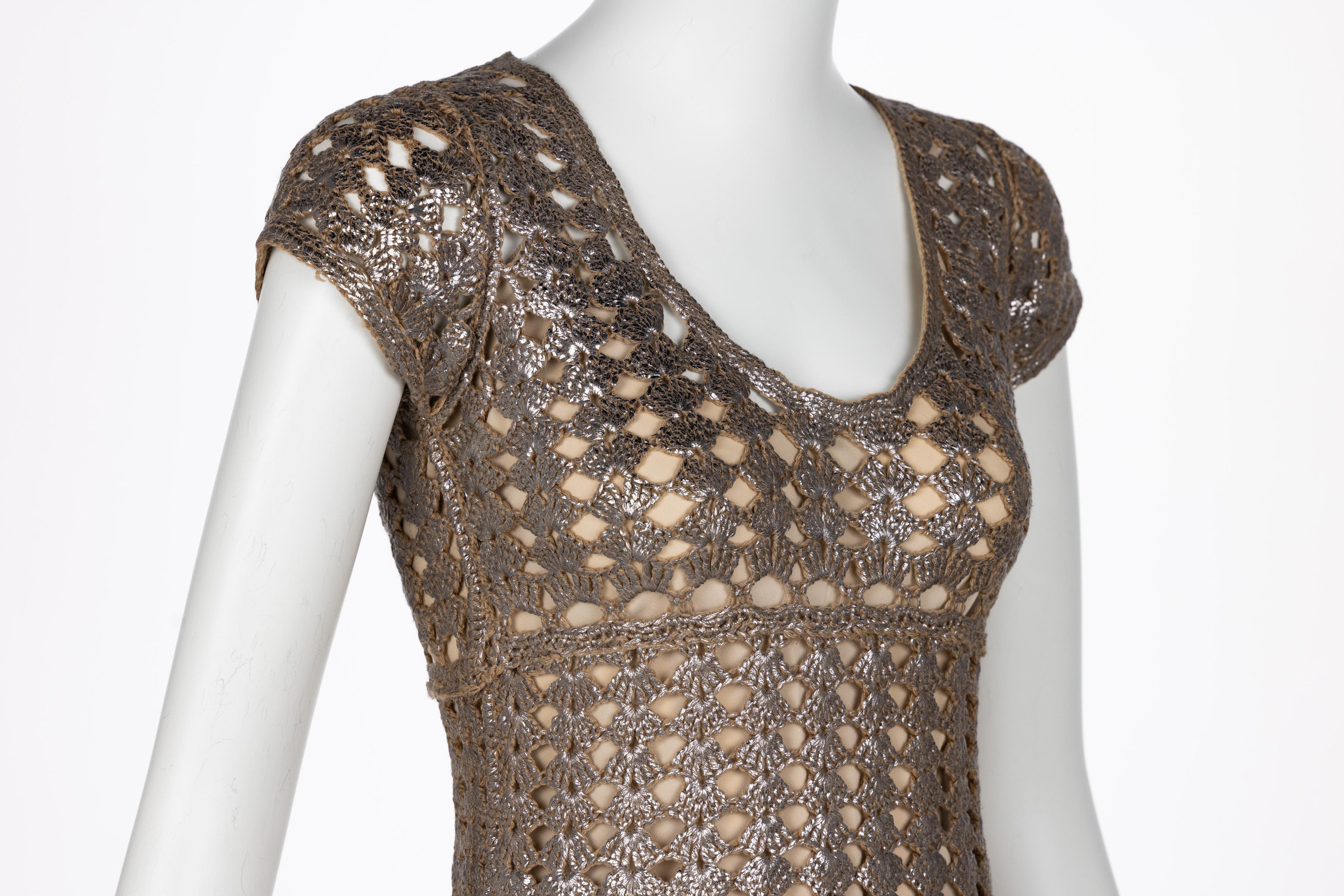 Prada Bronze Metallic Crochet Dress, 2000s For Sale 2