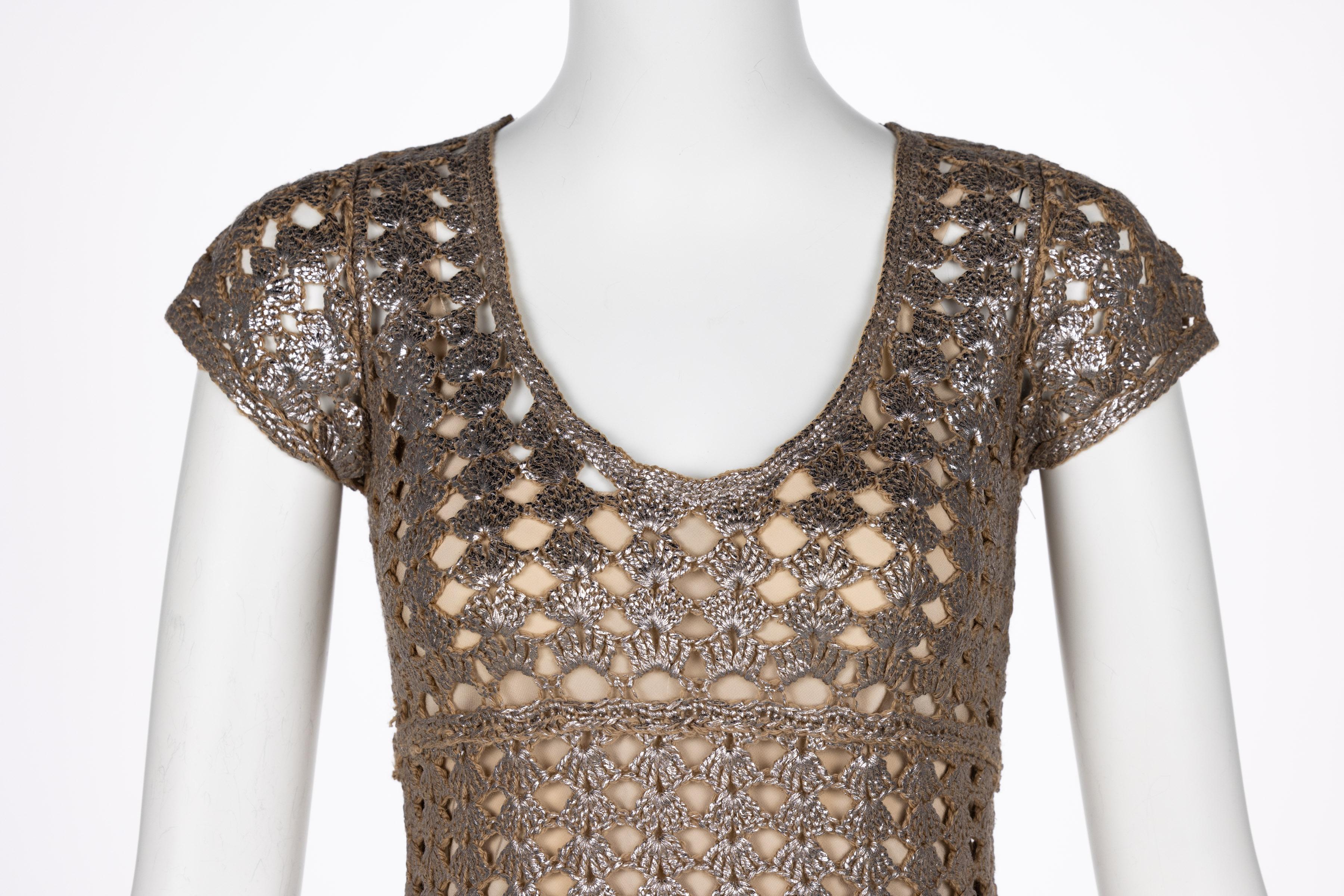Prada Bronze Metallic Crochet Dress, 2000s For Sale 3