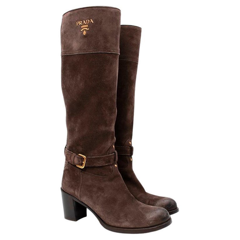 Prada Brown Aged Suede Long Riding Boots For Sale at 1stDibs | prada brown  suede boots