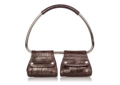Prada Brown Alligator Embossed Silver Hoop Bag, 2000